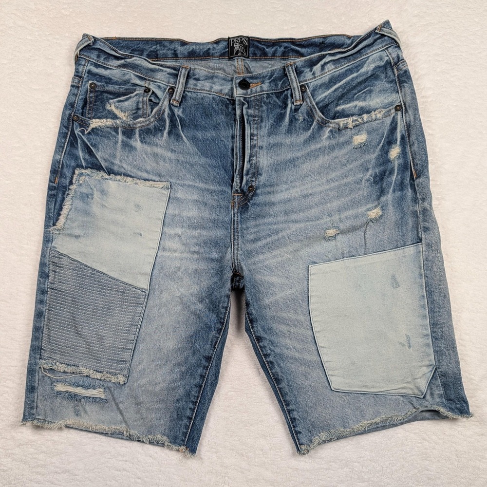 Prps Shorts Mens 36 Blue Indigo Denim Patchwork Distressed Raw Hem Bermuda Jorts